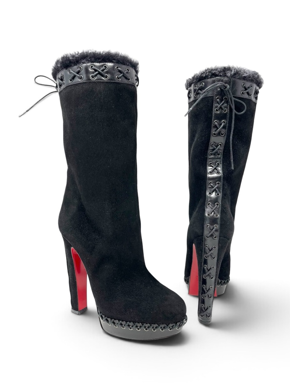 Christian Louboutin Black Suede Step N Roll Tall Platform Boots High Heels 37.5